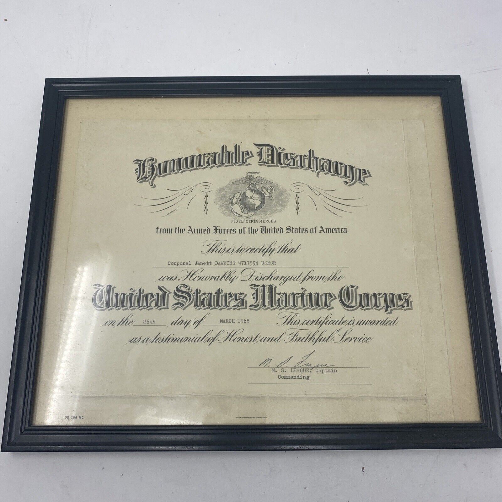 honorable discharge 1968 March USMCR Framed