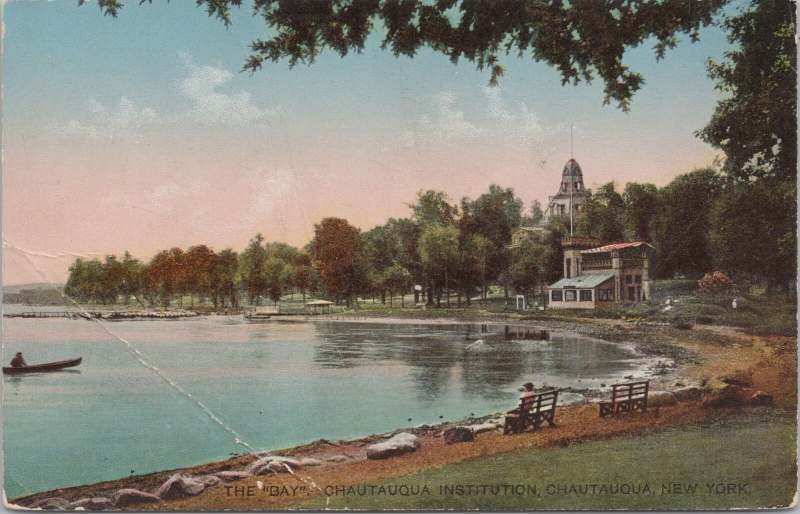 Chautauqua New York~Bay @ Institution~Canoe~Benches~German Vintage Postcard