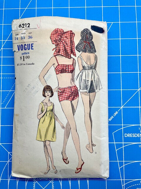 Vintage 50s Vogue Bathing Suit, Hat, Beach Dress Sewing Pattern 6212