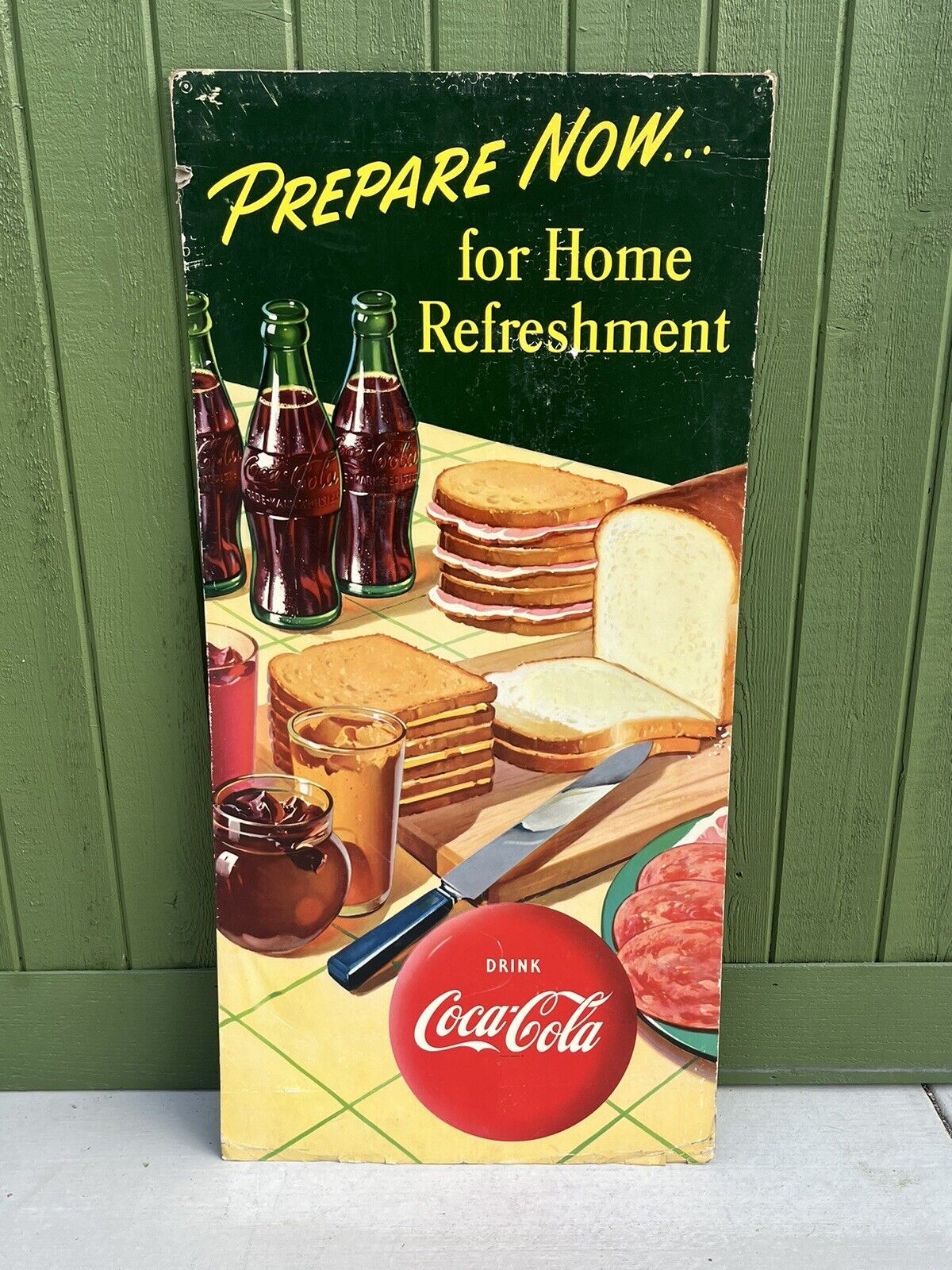 Vtg 1950 Coca Cola Stand-Up Vertical Advertising Litho Cardboard Sign 44 3/4\