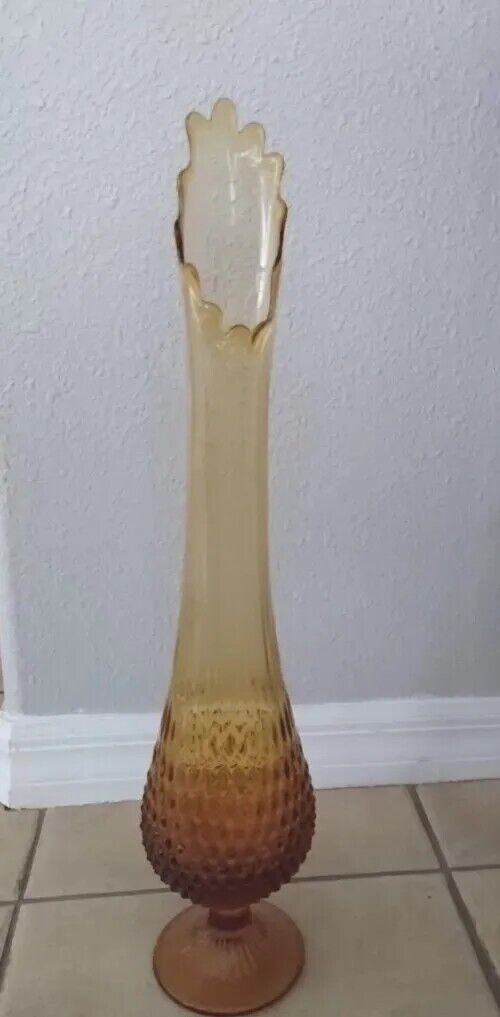 Vintage MCM 1960’s Fenton Amber Swung Vase 22” Hobnail Pedestal Base Mint