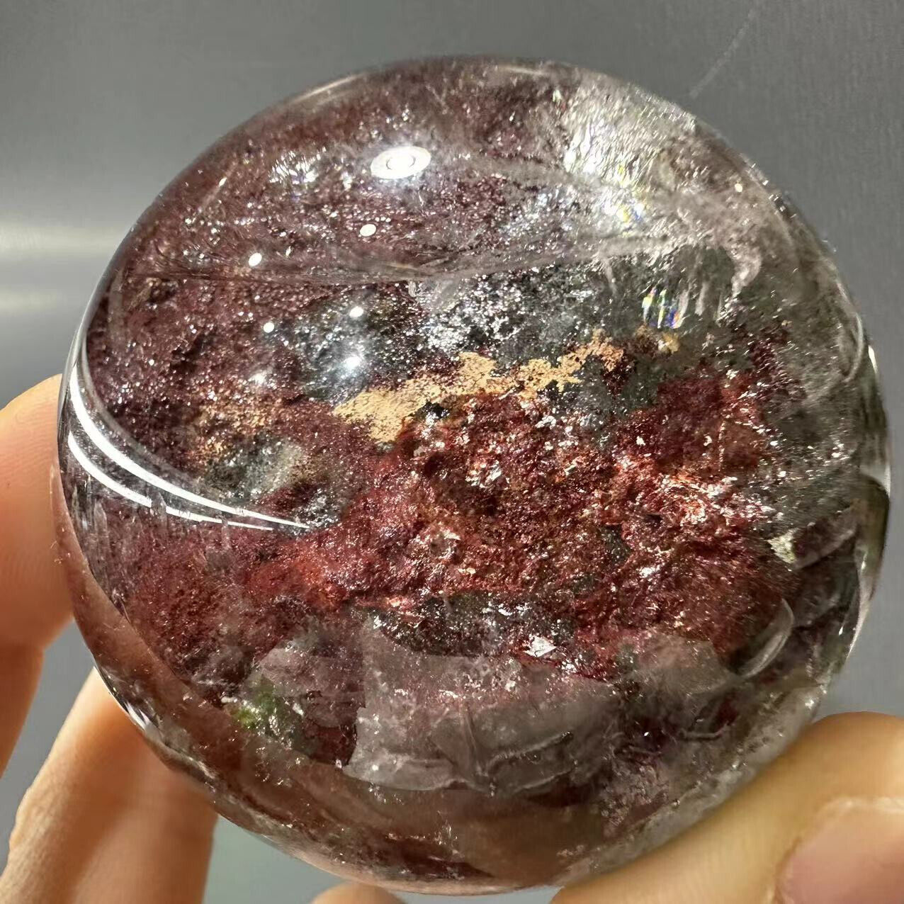 310G Natural Red Ghost Quartz Sphere Crystal Energy Ball Reiki Healing Decor