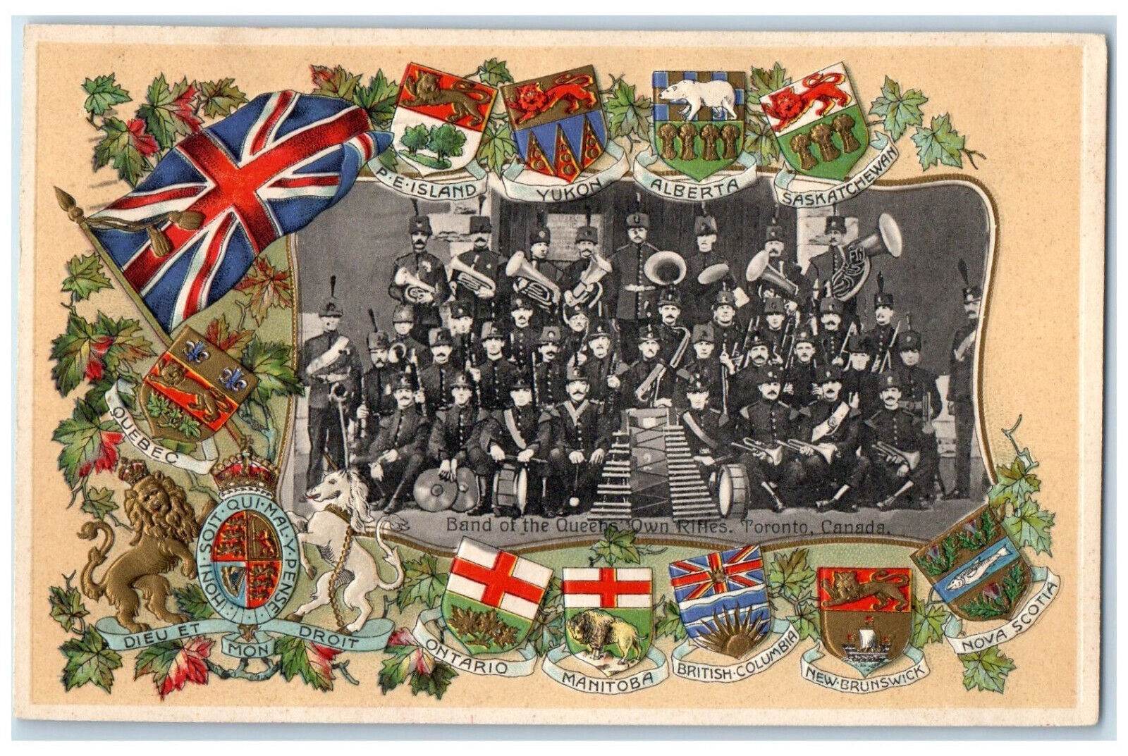 1909 Band of the Queens Own Rifles Toronto Ontario Canada Regions Logo Postcard