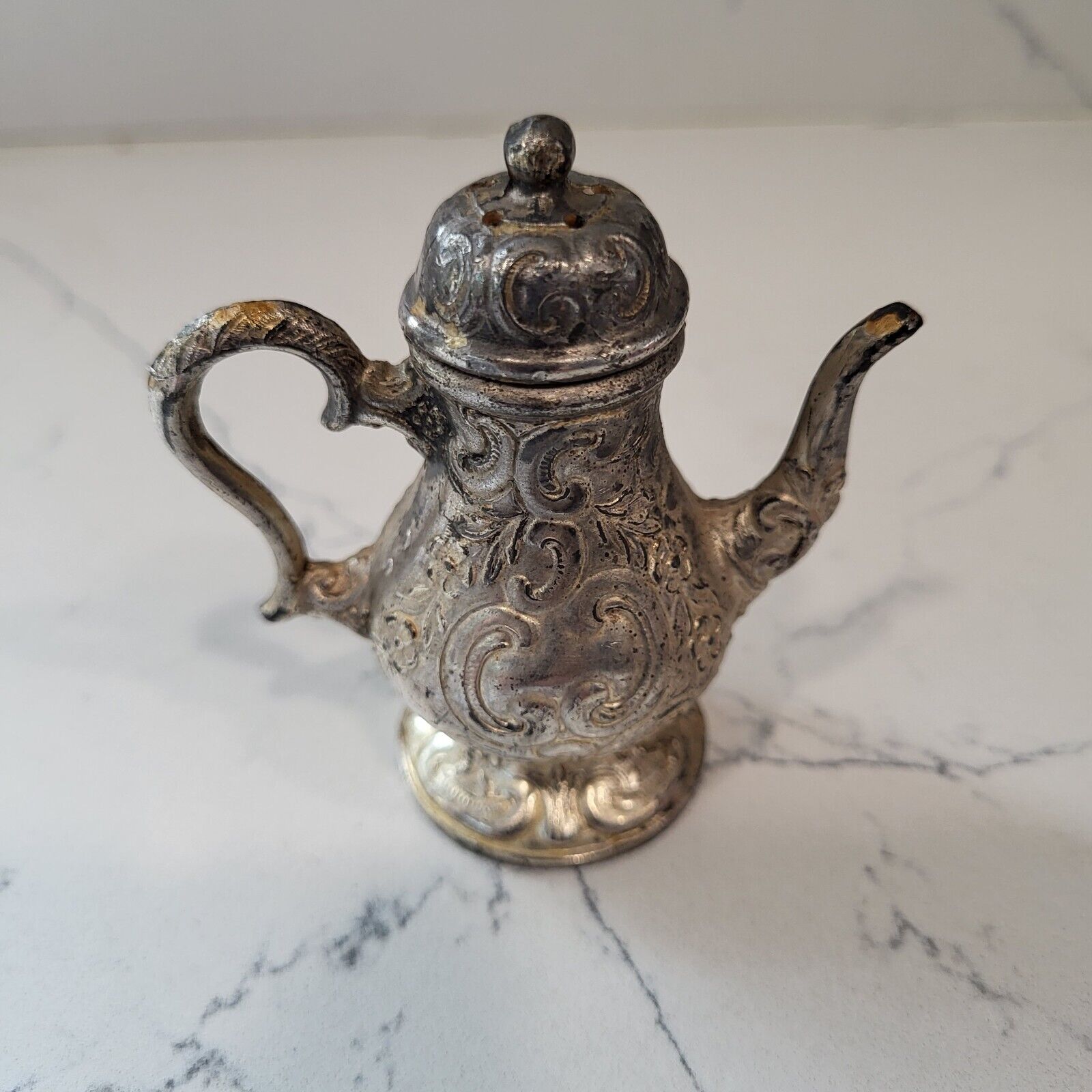 Silverplate Coffee Pot Shaped Salt Shaker with Screw on Lid Vintage Antique