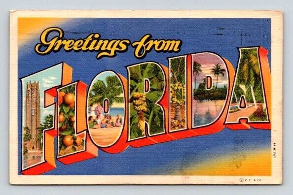 Greetings From Florida Large Letter Linen Postcard 1941
