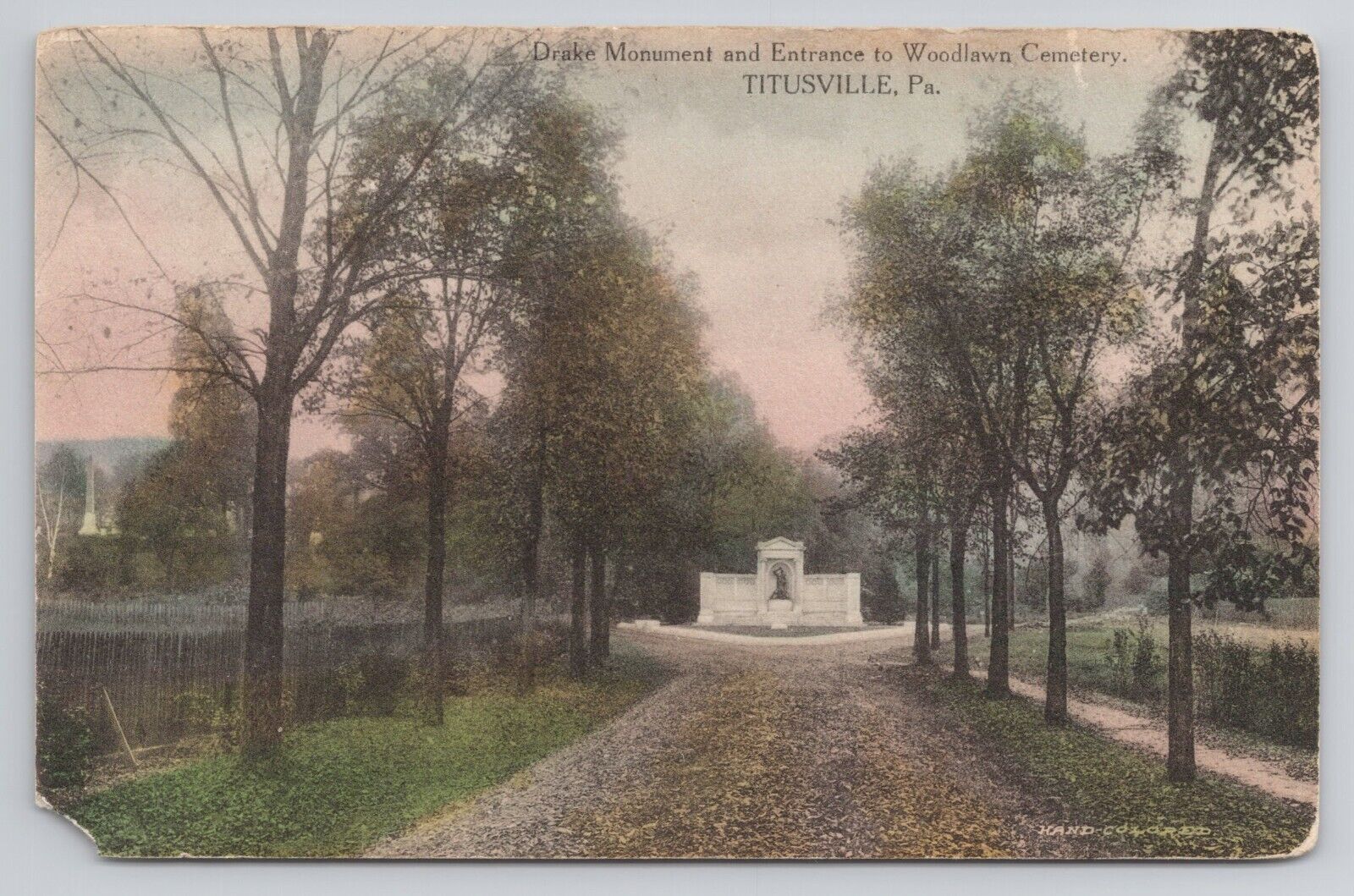 Drake Monument And Entrance to Woodlawn Cemetery PA 1910 Antique Postcard
