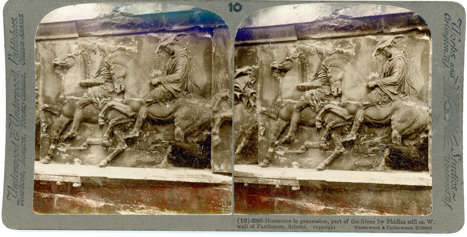 Stereo, Greece, Athens, wall of the Parthenon, horsemen in procession, part of t