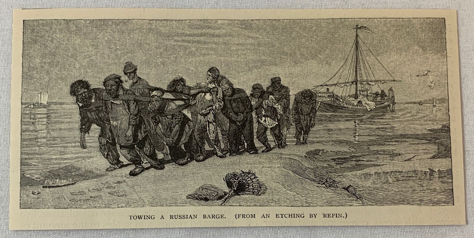 1880 magazine engraving ~ MEN TOWING A RUSSIAN BARGE