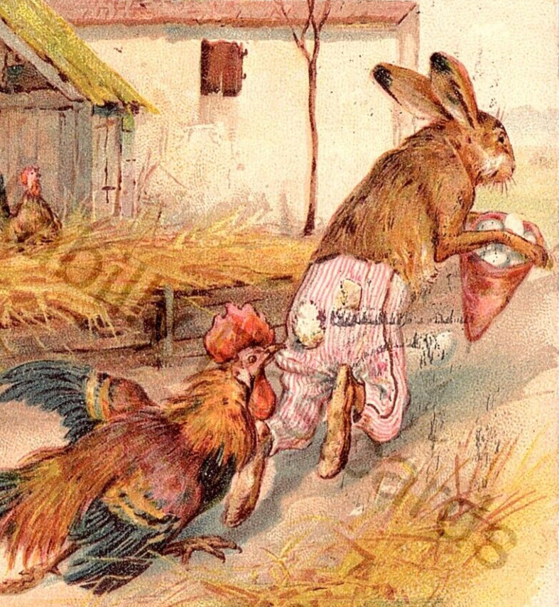 1907 Fantasy Easter Postcard Rooster Chases Dressed Rabbit Stealing Eggs