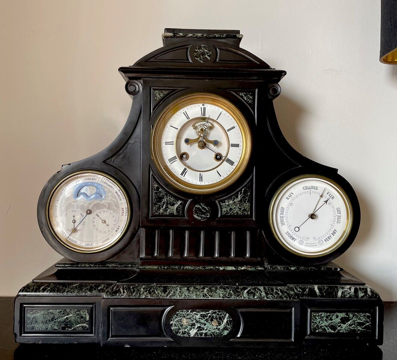 Rare Antique French Perpetual Calendar Clock- Open Escapement, Moon & Barometer