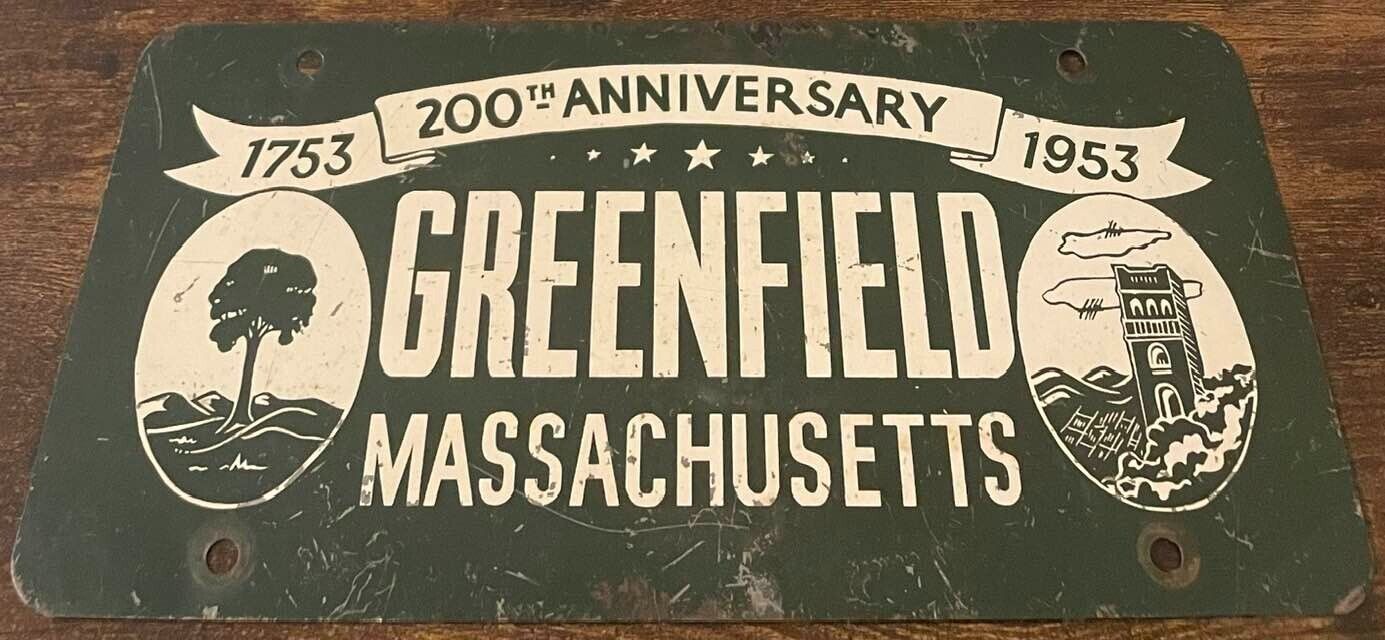 1953 200th Anniversary Greenfield Massachusetts Booster License Plate