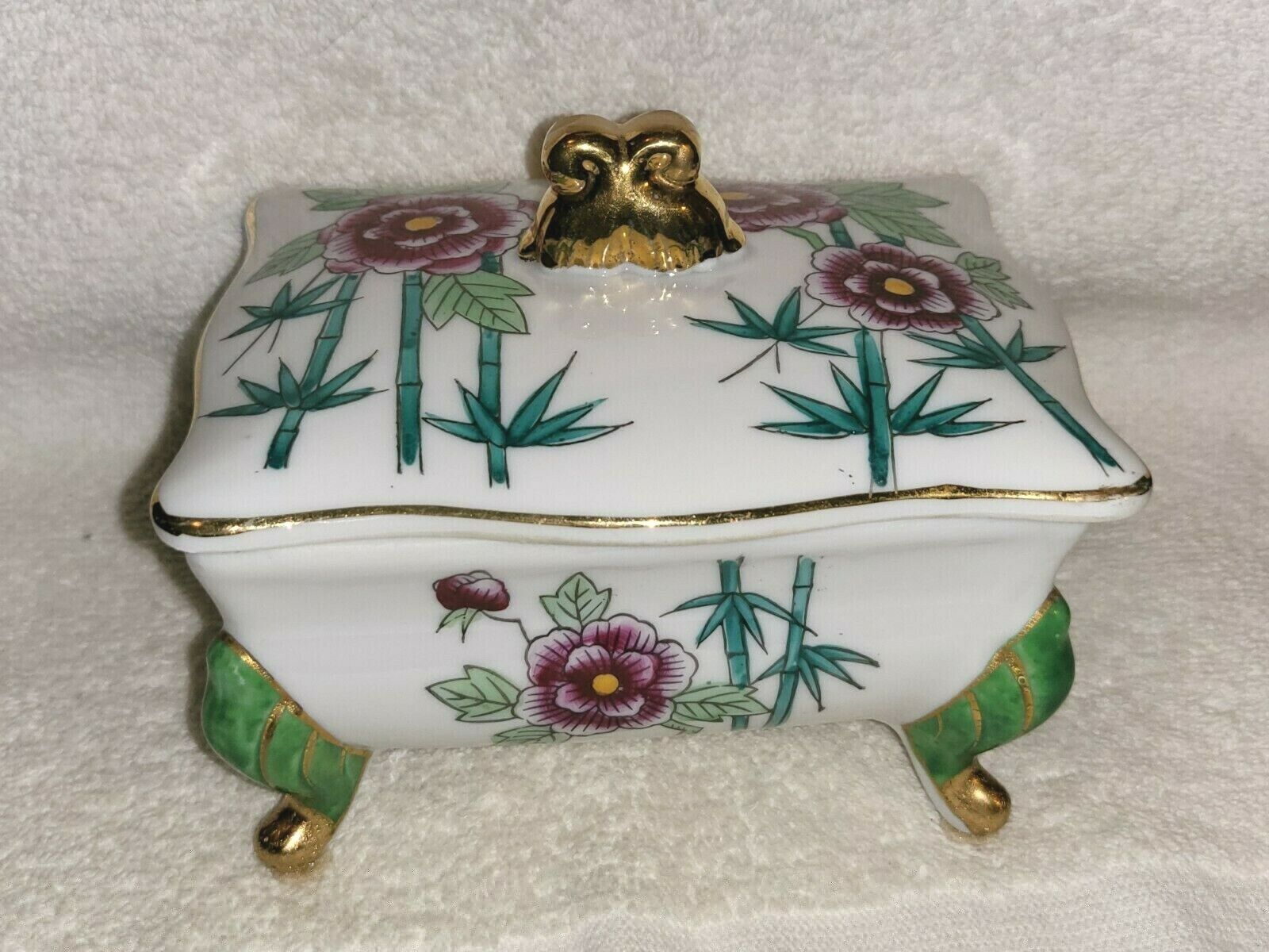 Vintage Hand Painted Floral Bamboo Footed Lidded Porcelain Trinket Box 5\