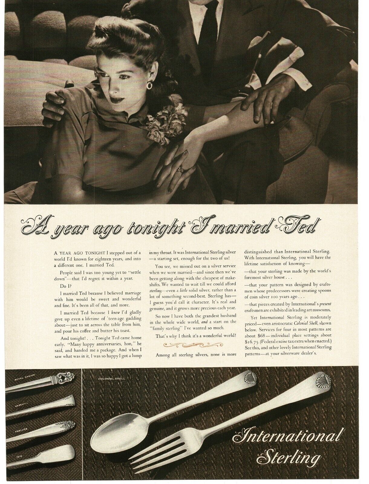 1941 International Sterling Silver flatware Colonial Shell pattern Vintage Ad