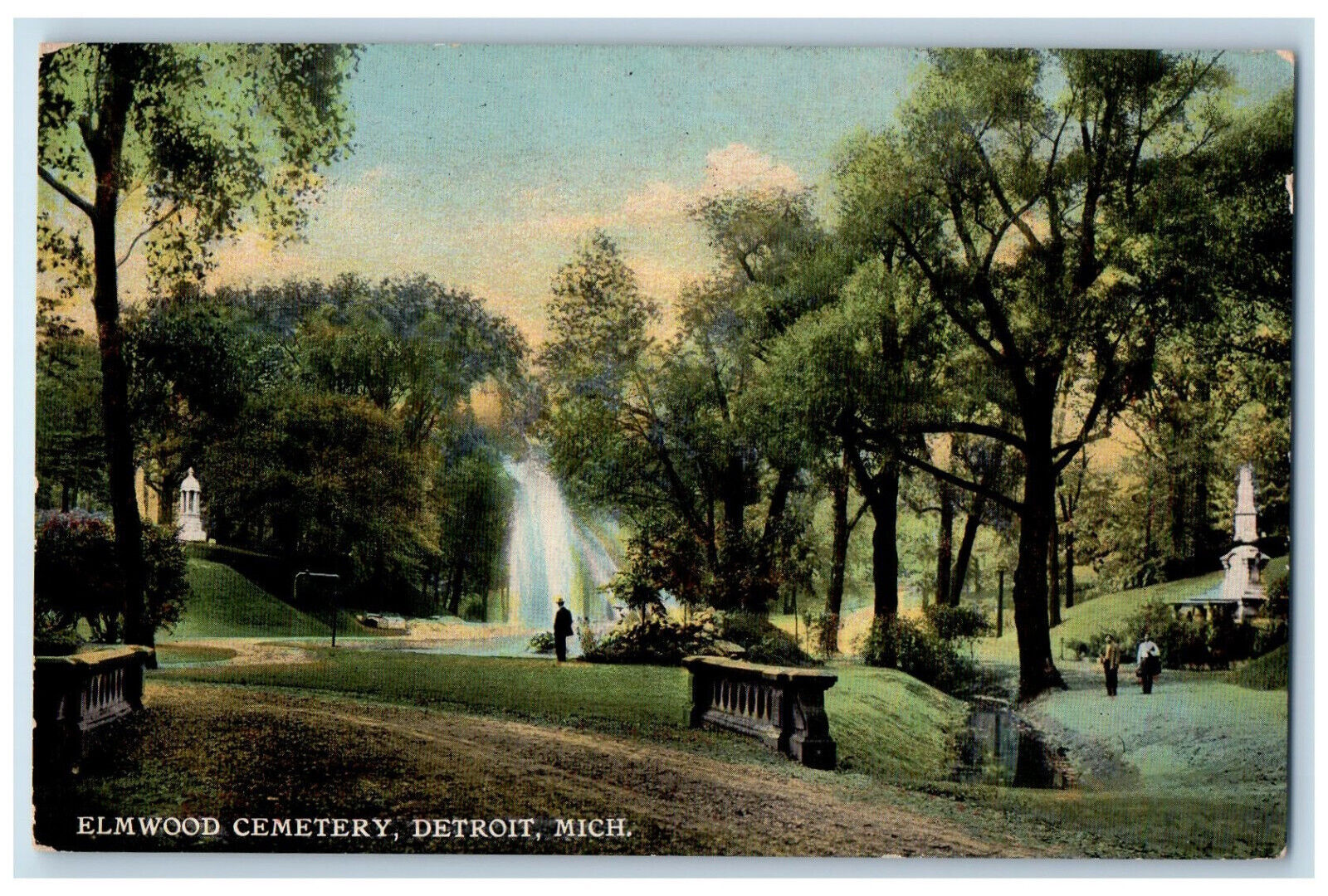 View Of Elmwood Cemetery Fountain Scene Detroit Michigan MI Vintage Postcard