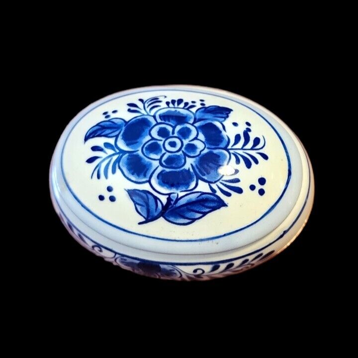Vintage Delft Royal Blue & White Lidded Hand Painted Oval Trinket Dish Holland