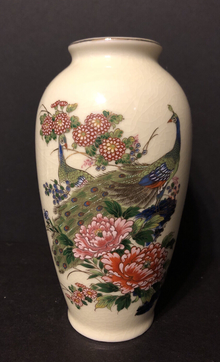 PRETTY 6 inch Japanese Floral Peacock Satsuma Vase with Crazing VERY NICE