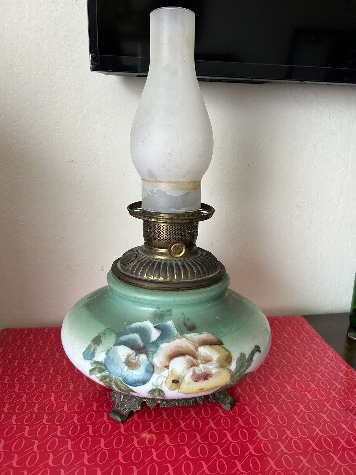 Antique AL&B Hand Painted Oil Lamp