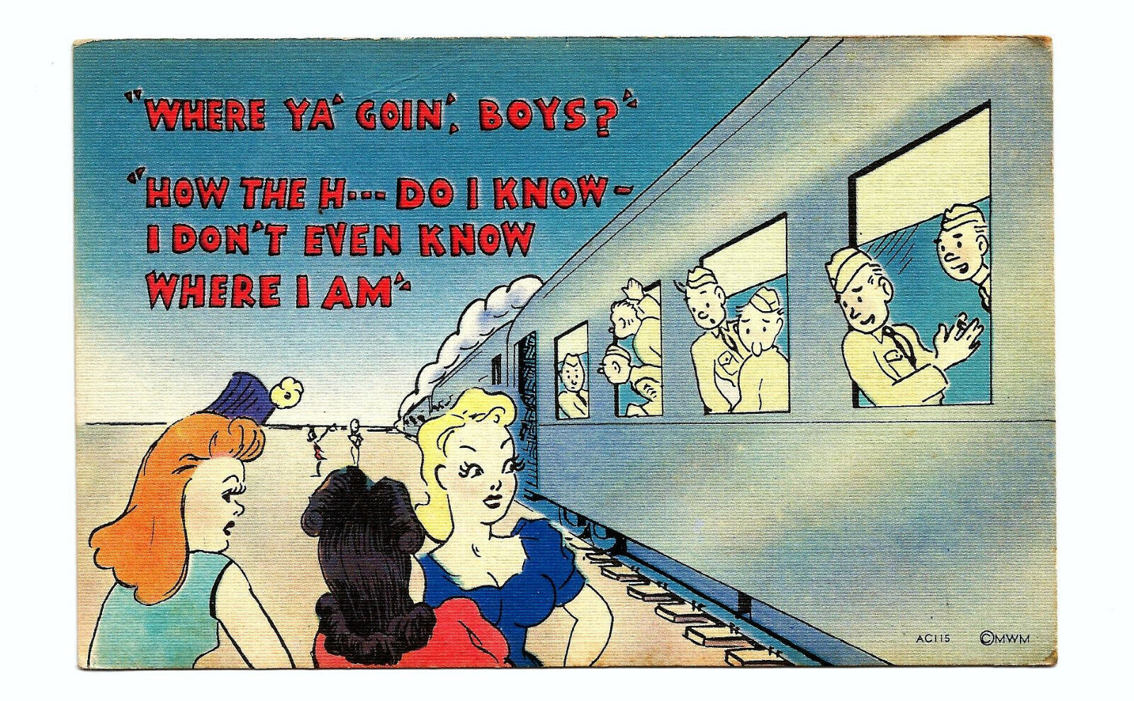 Military Comic Postcard Train Ladies WWII Era c1940s