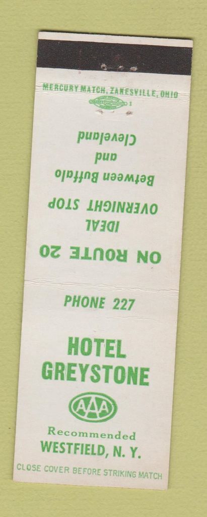 Matchbook Cover - Hotel Greystone Westfield NY