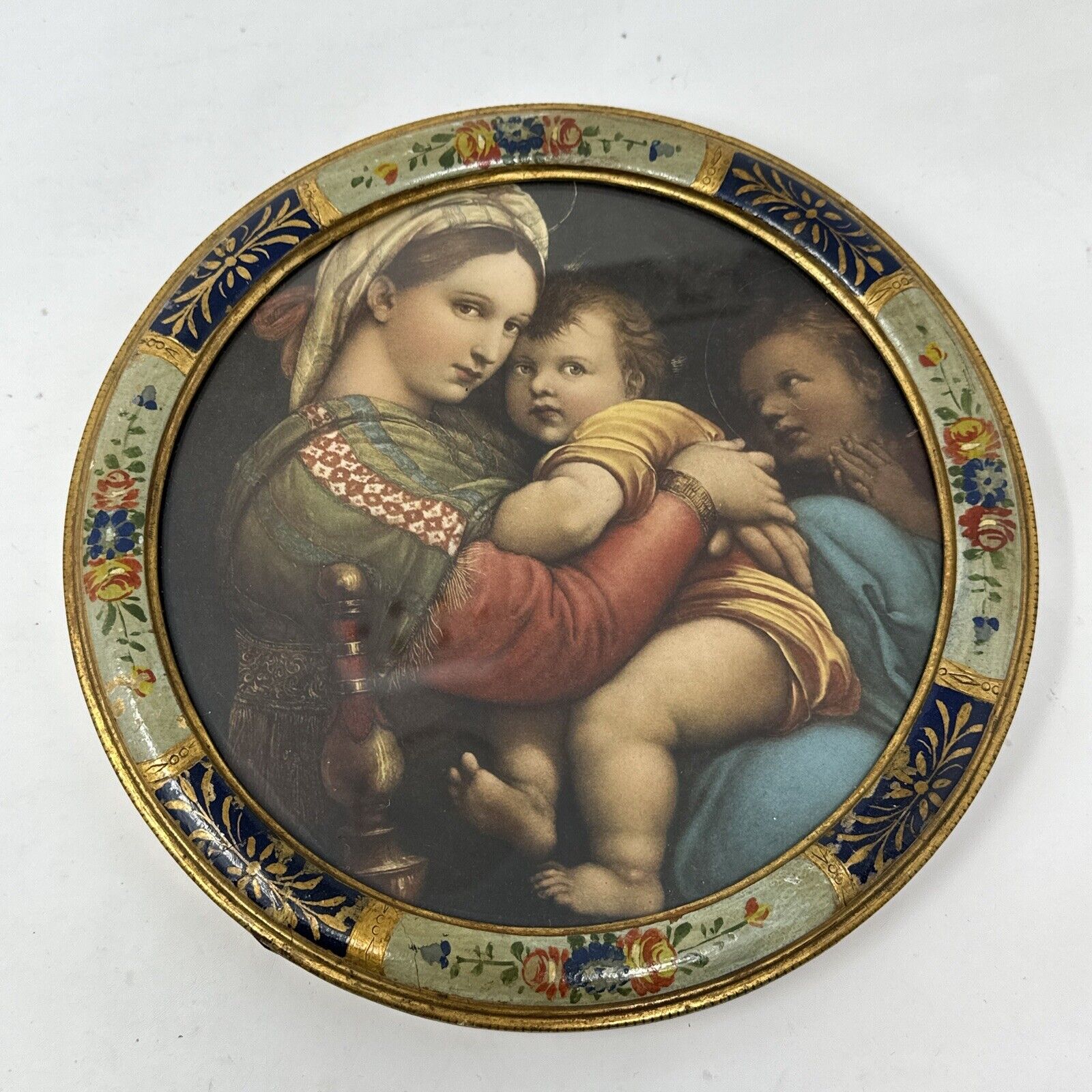 Antique Raphael Madonna of the Chair, Virgin Mary & Child Christ Florentine Art