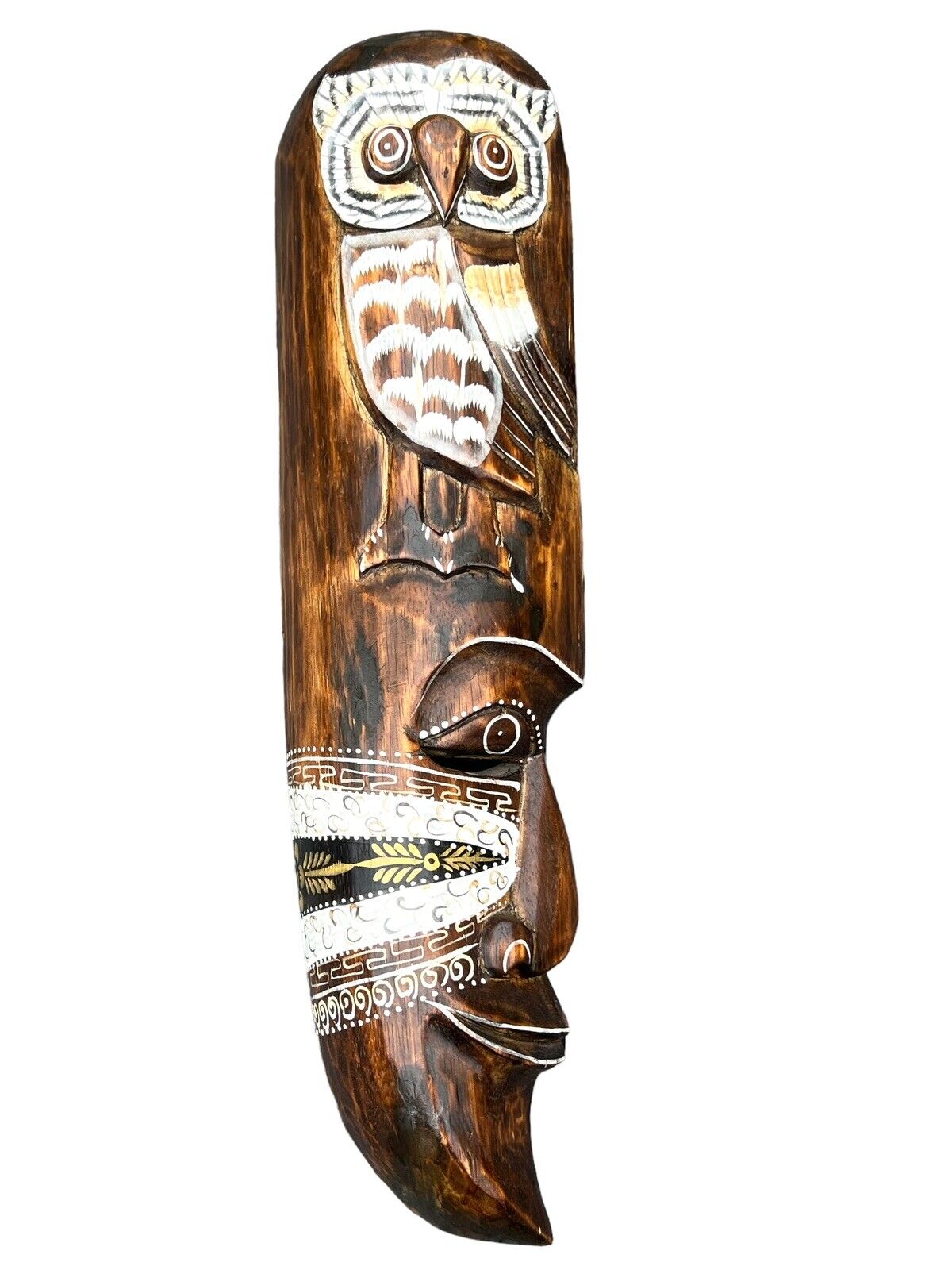 Tribal Hanging Wall Art Hand Carved Hand Painted Long Wooden Owl Moon