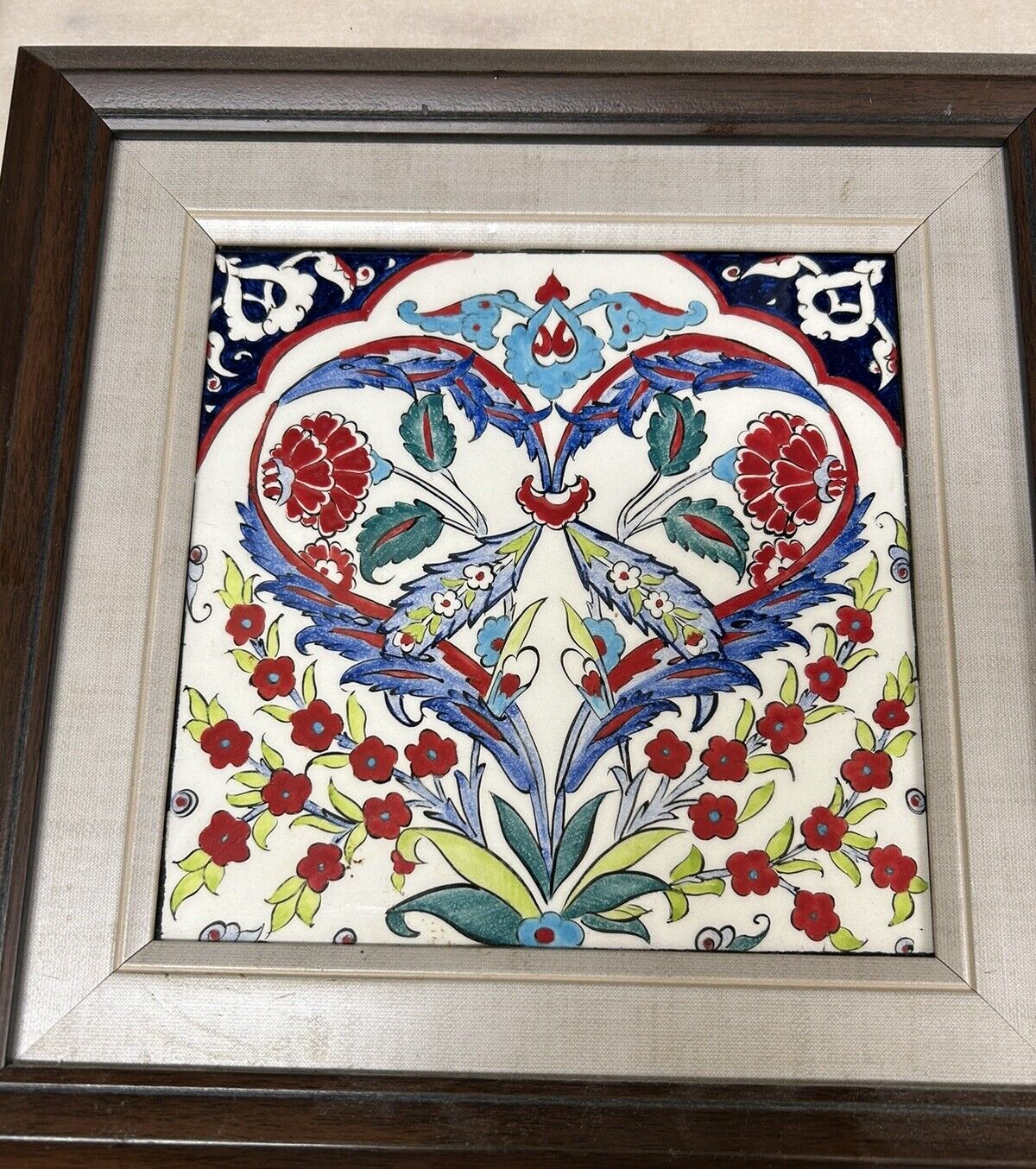 Vtg Hand Painted Iznik Ceramic Tile 8x8” Turkey Framed Sweetheart Motif 12x12”