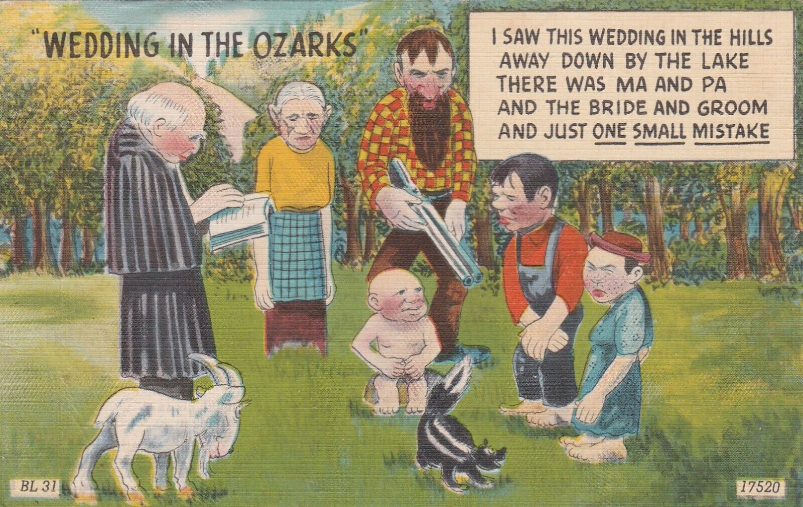 Wedding in the Ozarks postcard c1950 Shotgun Wedding