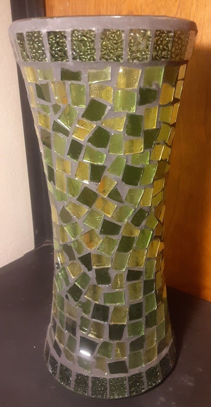 Vintage Green Mosaic Stained Glass Vase ~ 11\