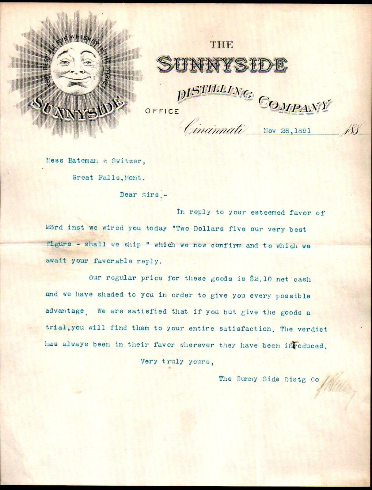 1891 Cincinnati Oh - Rye Whiskey - Sunnyside Distilling Co - Letter Head Bill