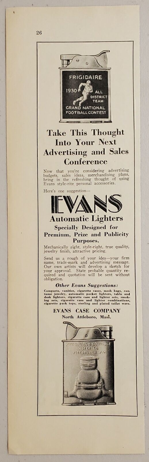 1931 Print Ad Evans Automatic Lighters Advertising North Attleboro,Massachusetts