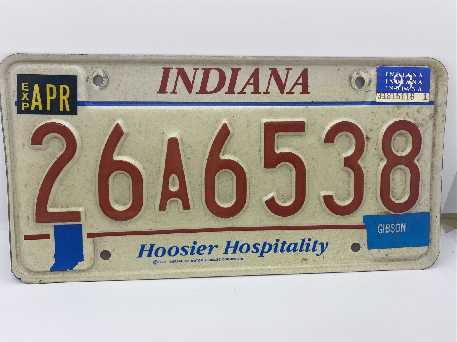 Vintage 1989 Indiana License Plate Hoosier Hospitality Gibson