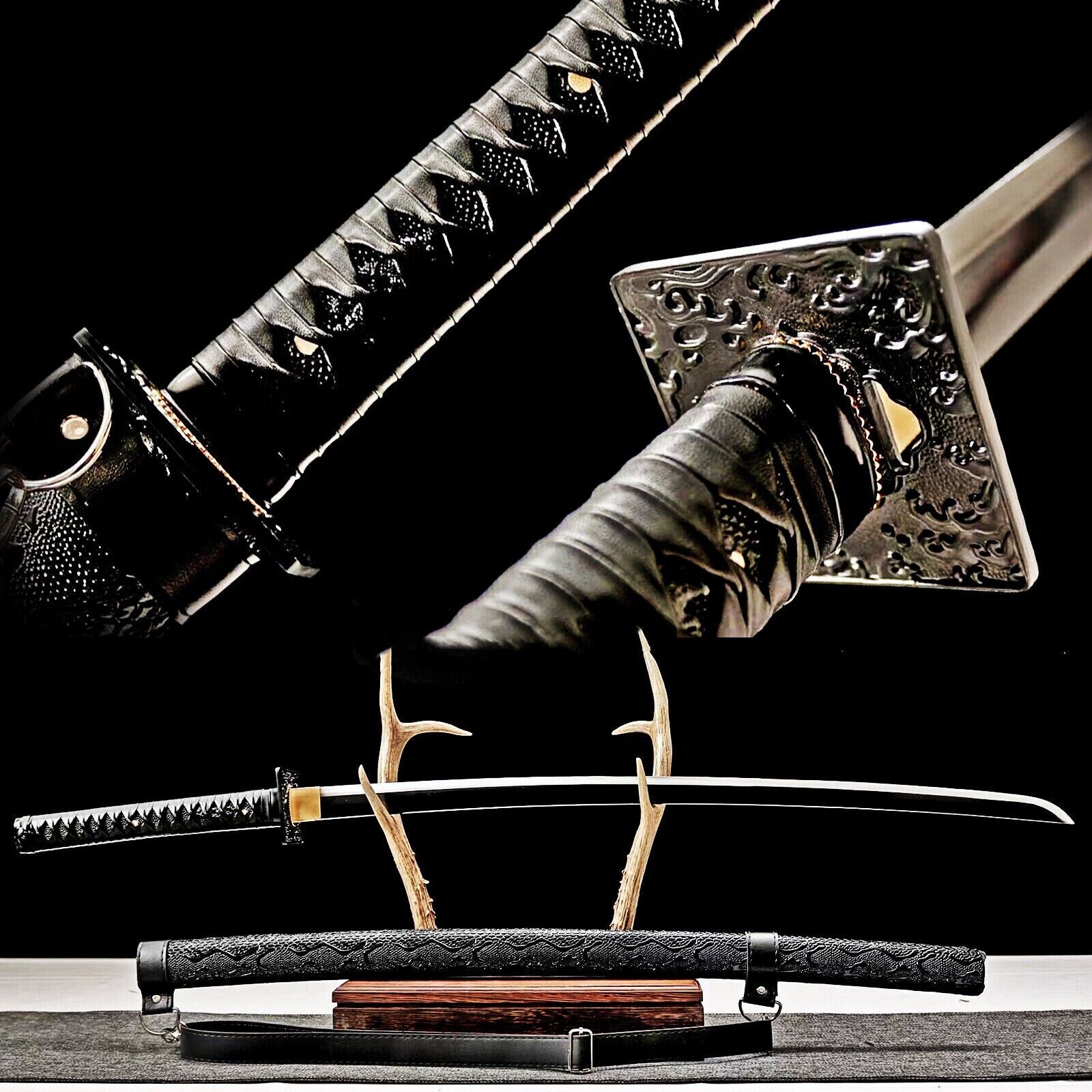 All Black Katana 1065 Carbon Steel Japanese Samurai Handmade Functional Sword