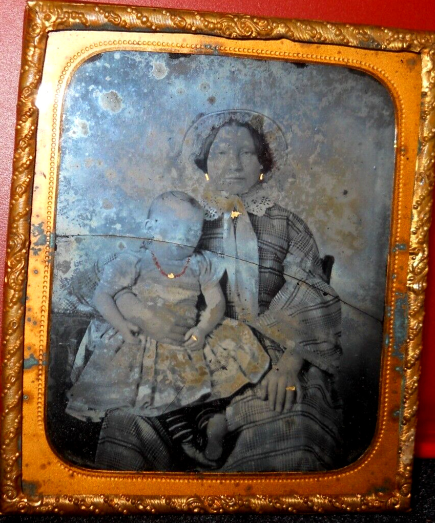 1/6th size cracked Ambrotype of mom and child in brass mat/frame