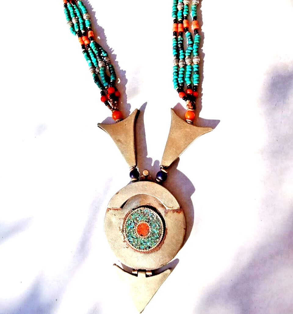 Tibetan Vintage Necklace Pendant Turquoise Sterling And Handmade Natural