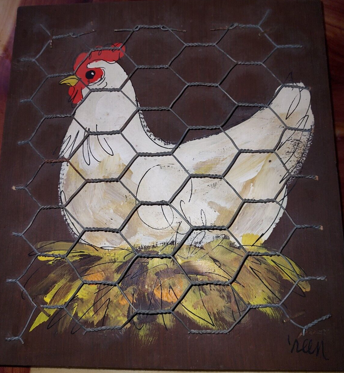 Farm Chicken Painting on Wood with chicken wire rustic wall art