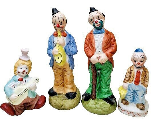 Set of 4 Flambro Vintage Bright Colored Hobo Circus Clown Figurines