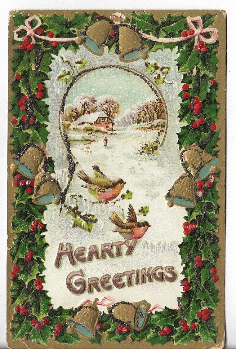 VTG Christmas Postcard- Hearty Greetings Scene of Cottage in Snow Bells Birds