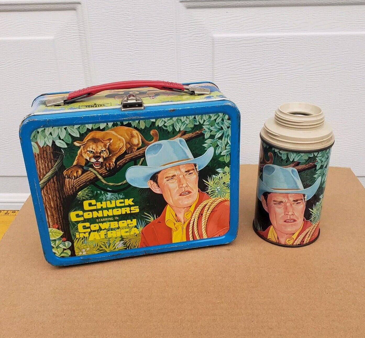 Vintage 1968 Cowboy in Africa Metal Lunchbox with Thermos.