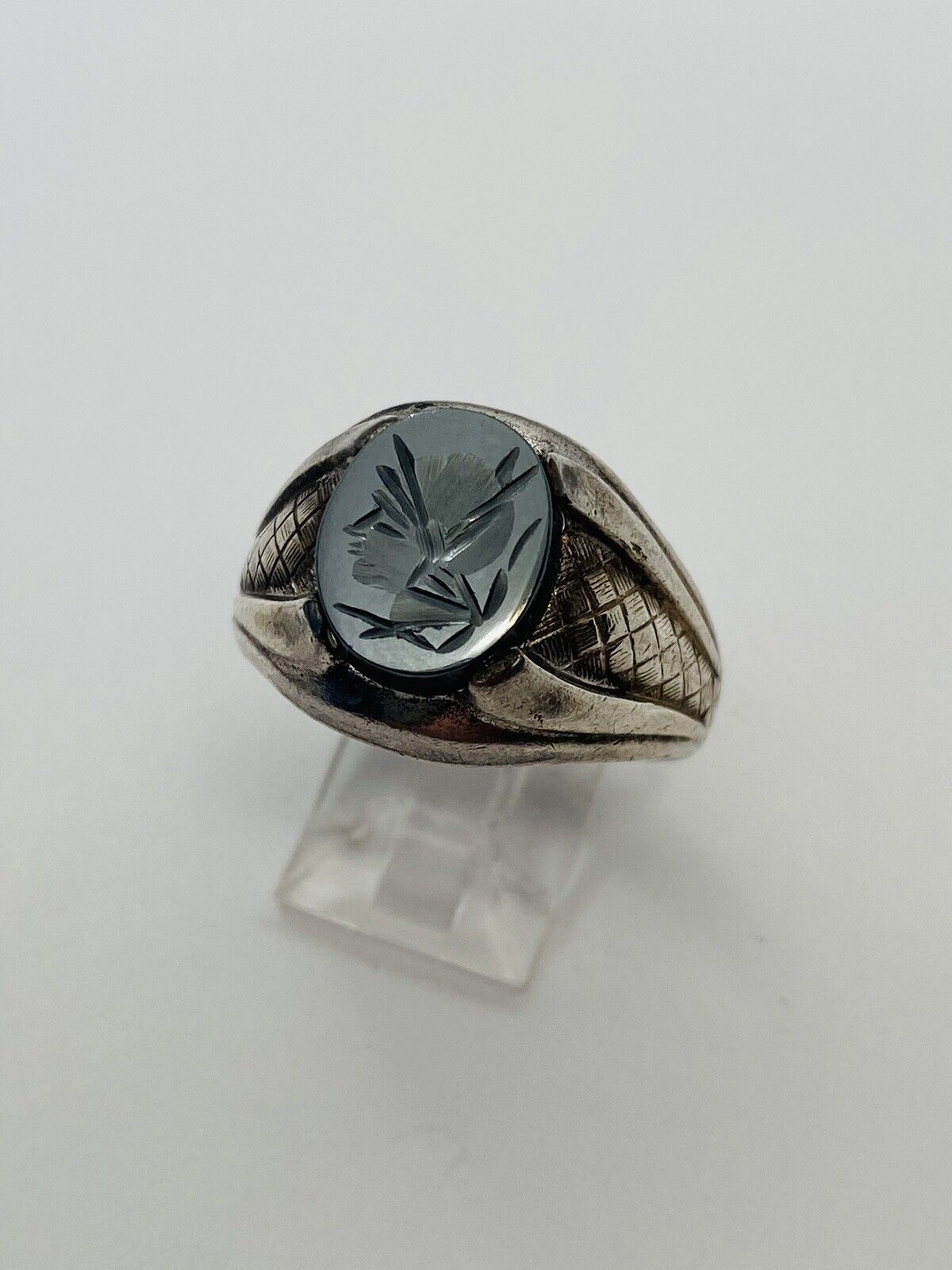 7.7g SIZE 10.5 CARVED SOLDIER HEMATITE MENS SIGNET STERLING SILVER ANTIQUE RING