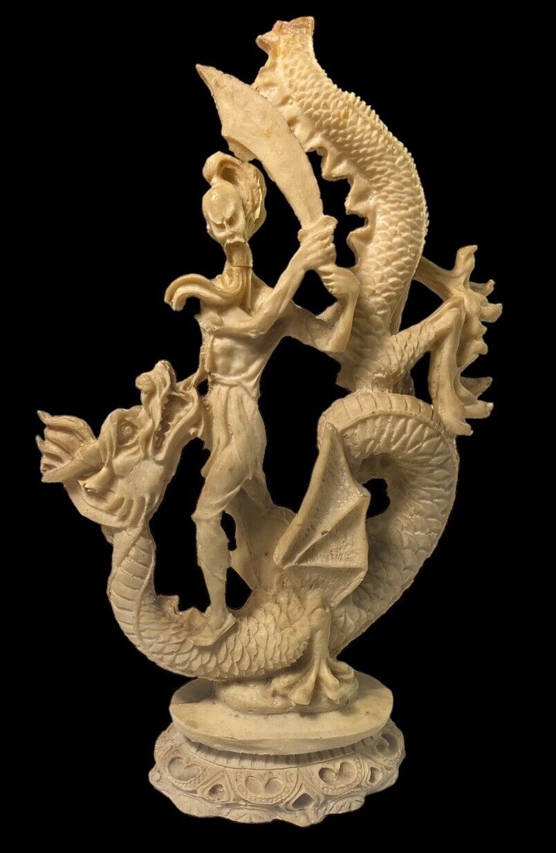 VINTAGE 13” DRAGON SLAYER Asian Sculpture Statue Faux Resin Art Chinese Oriental