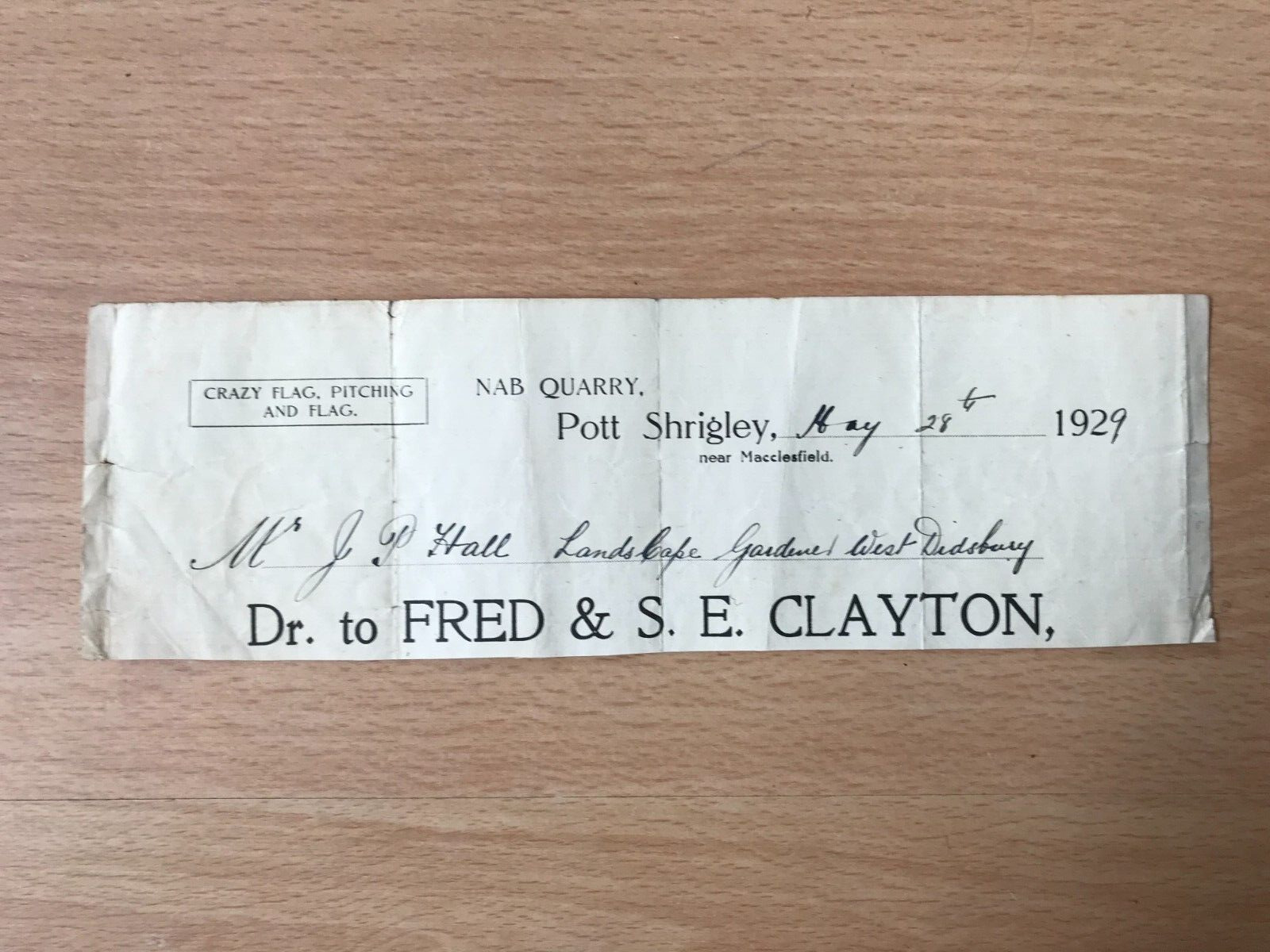 1929 part invoice / letterhead Fred & S E Clayton Nab Quarry Pott Shrigley