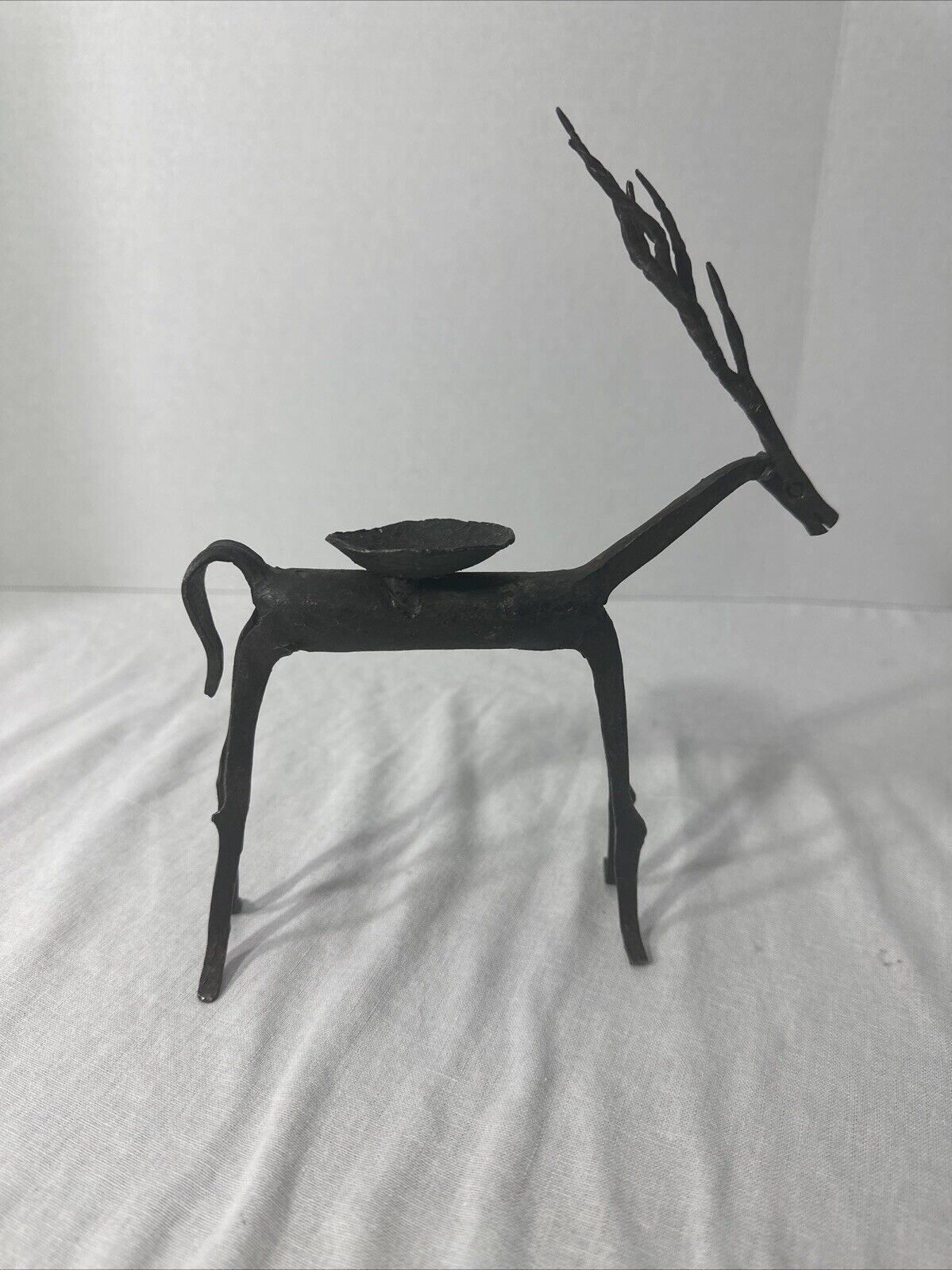 Vintage Brutalist Forged Cast Iron Candle Holder Antelope Gazelle Sculpture