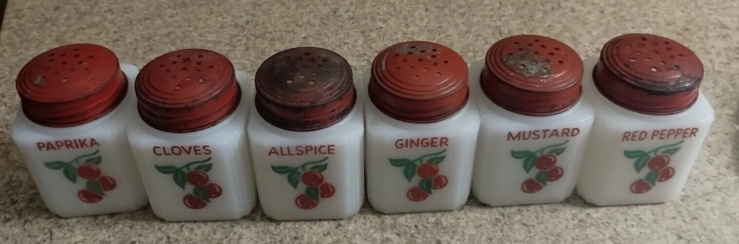 Vintage McKee Tipp City Cherry Milk Glass Spice Shakers Set Of Six 🍒