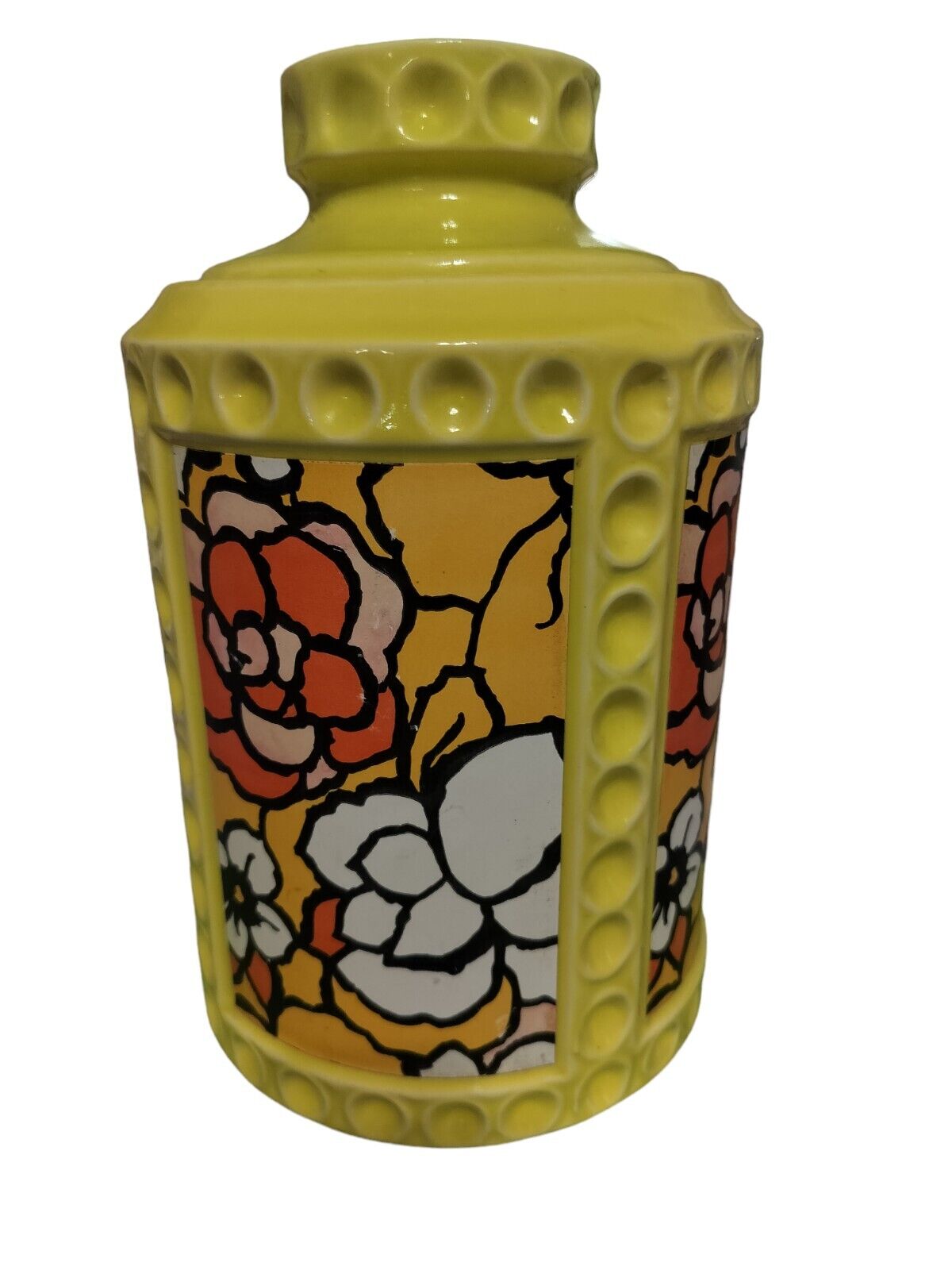 328)Vintage McCoy USA #254 Yellow Round Glass Cookie Jar with Retro Flower   11\
