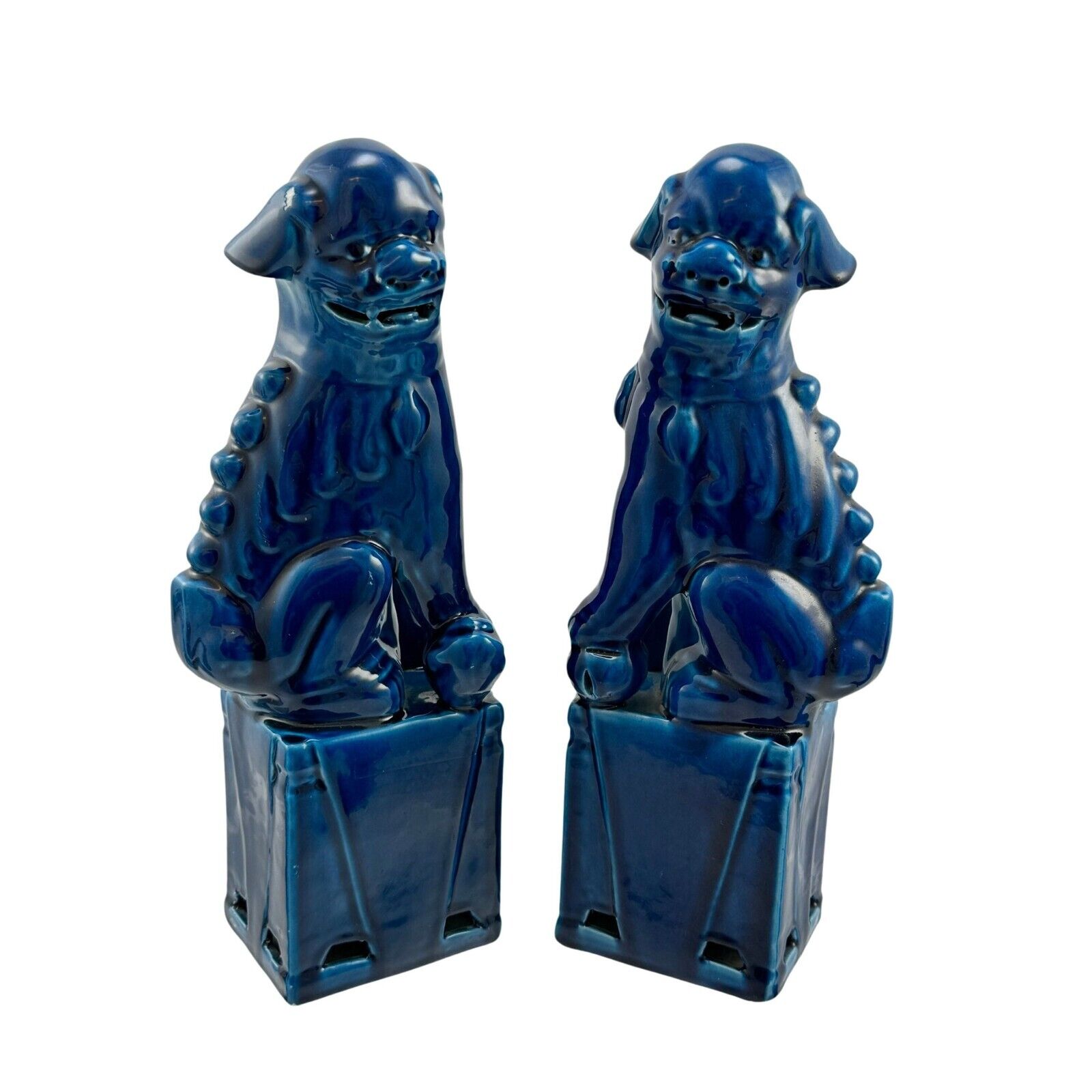 Vintage Chinese Dragon Porcelain Foo Dog Figurines Midnight Blue Pair