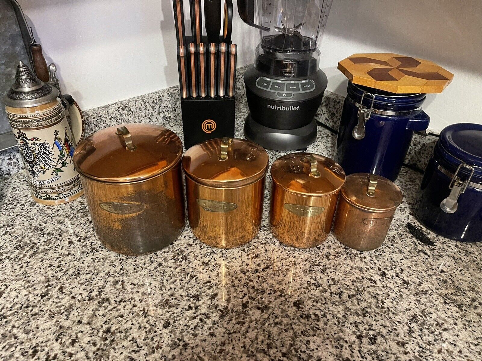 Vintage  Copper Plated 4pc Nesting Canister Set Flour-Sugar-Cofee-Tea