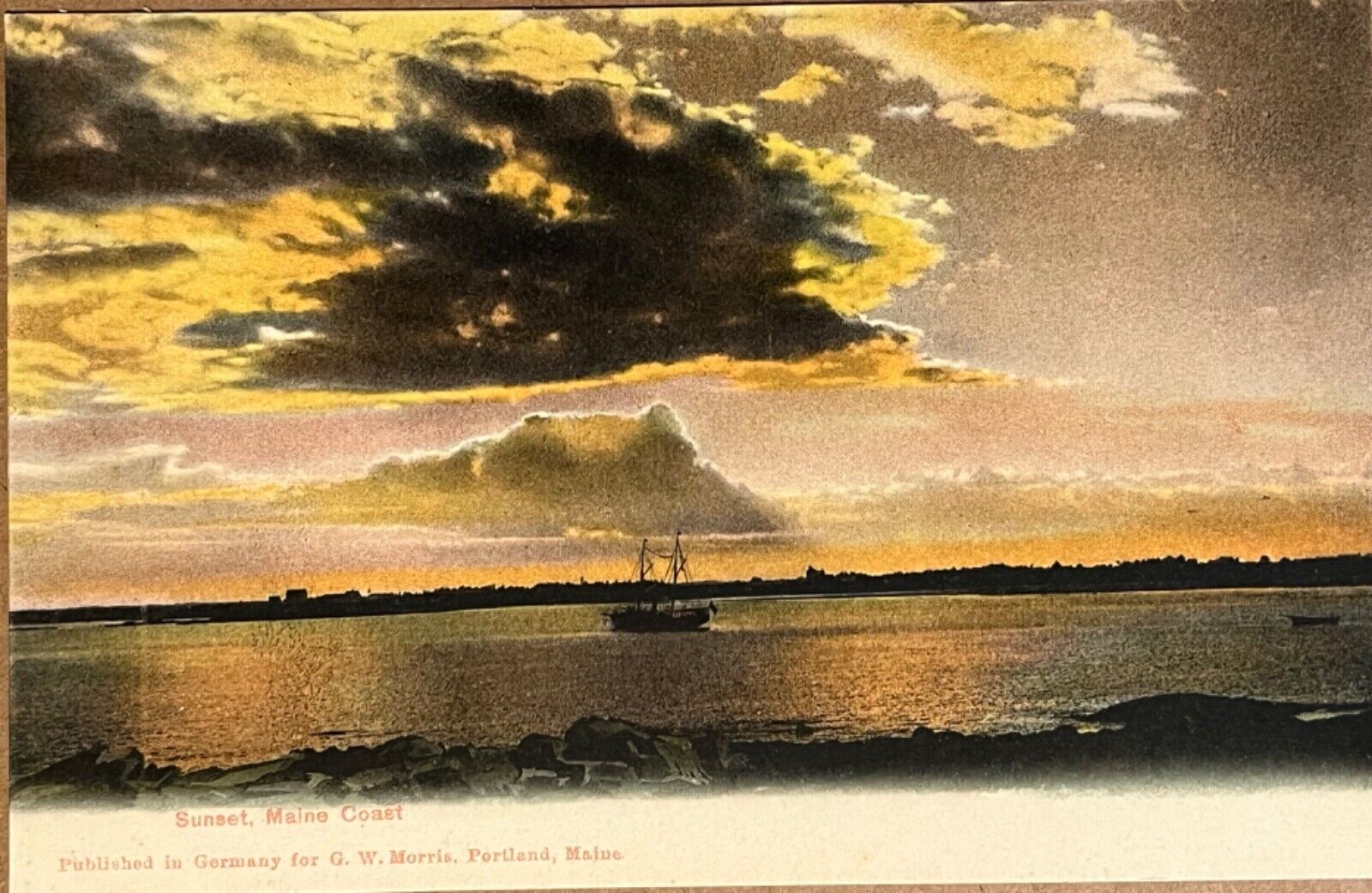 Maine Coast Sunset Ship Scene Antique Scenic Vintage Postcard c1900
