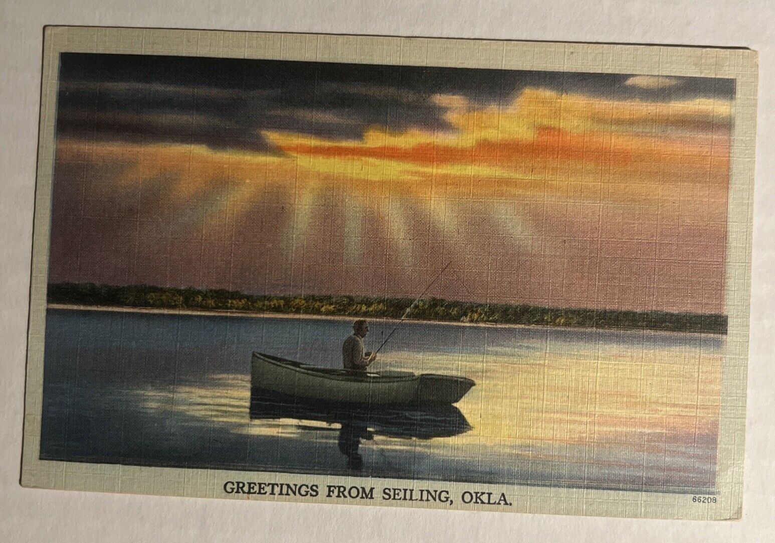 Greetings From Seiling Oklahoma Postcard Sunrise On Water Man Fishing Linen 1940