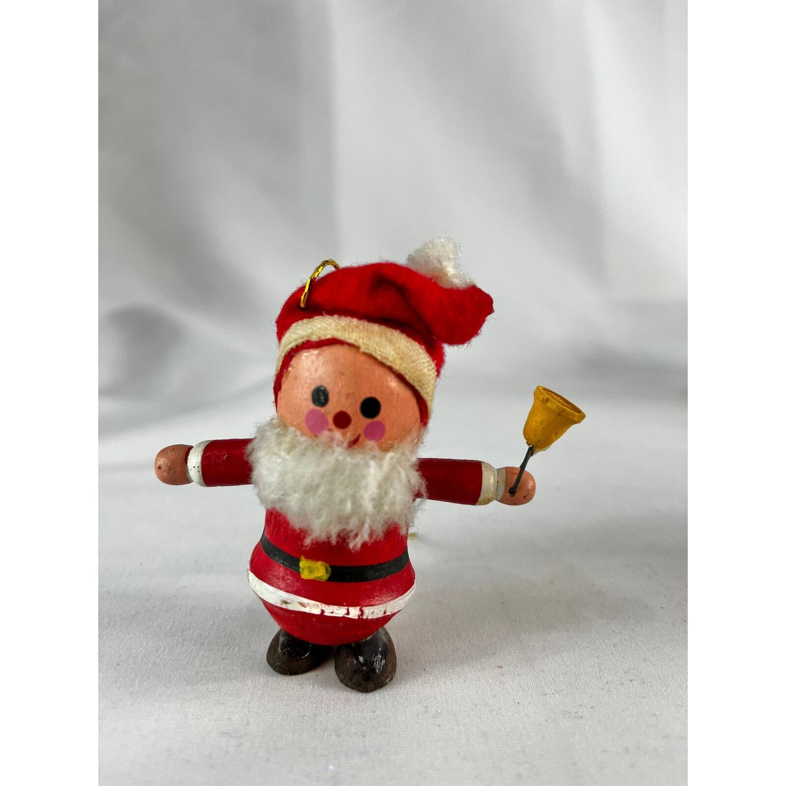 Vintage Handmade Mini Santa Ornament with Bell, Adorable Wooden ChristmasDecor