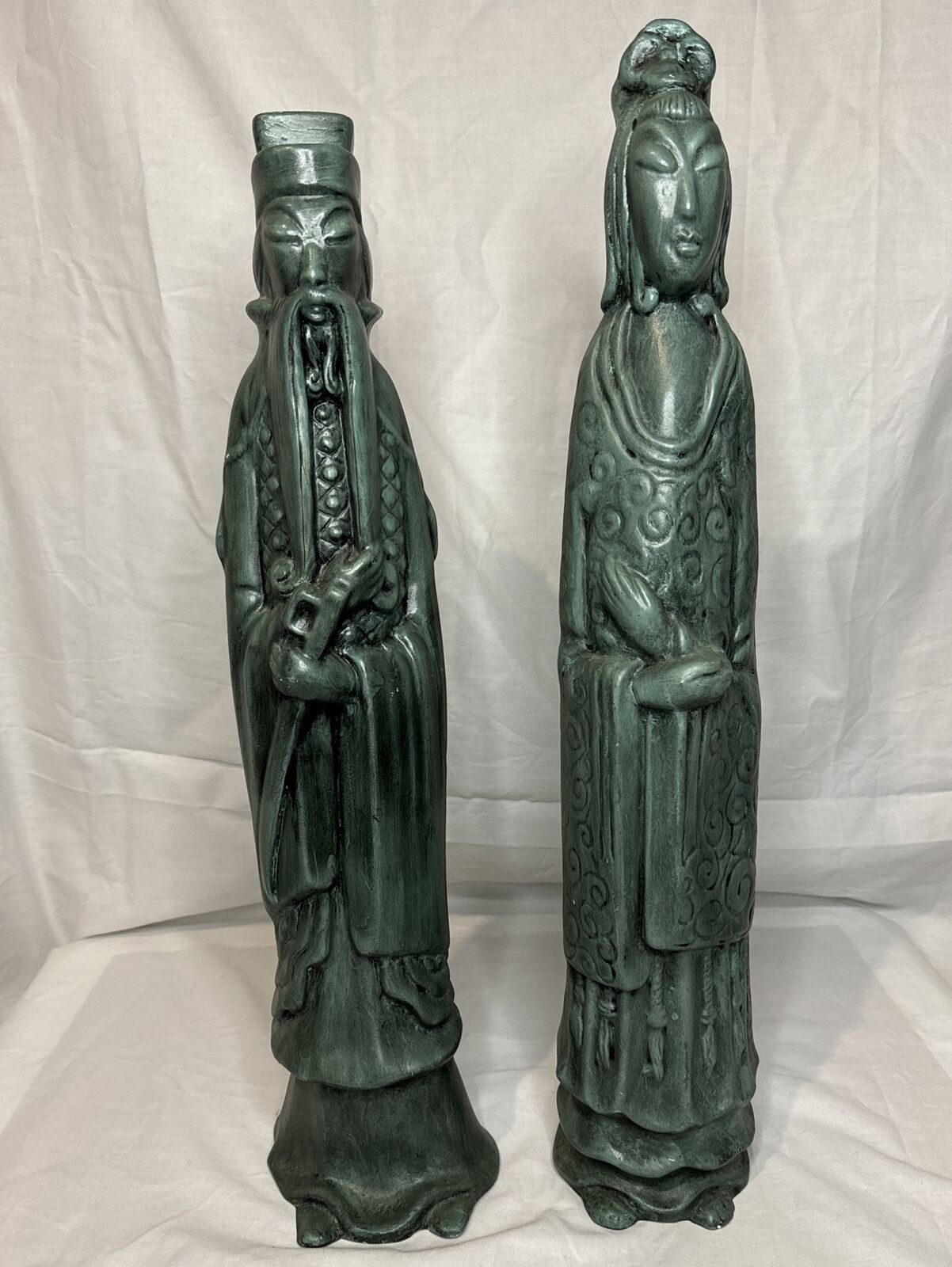 Pair Of Vintage Asian Figurines Man And Woman Tall Green Ceramic Statues 20”